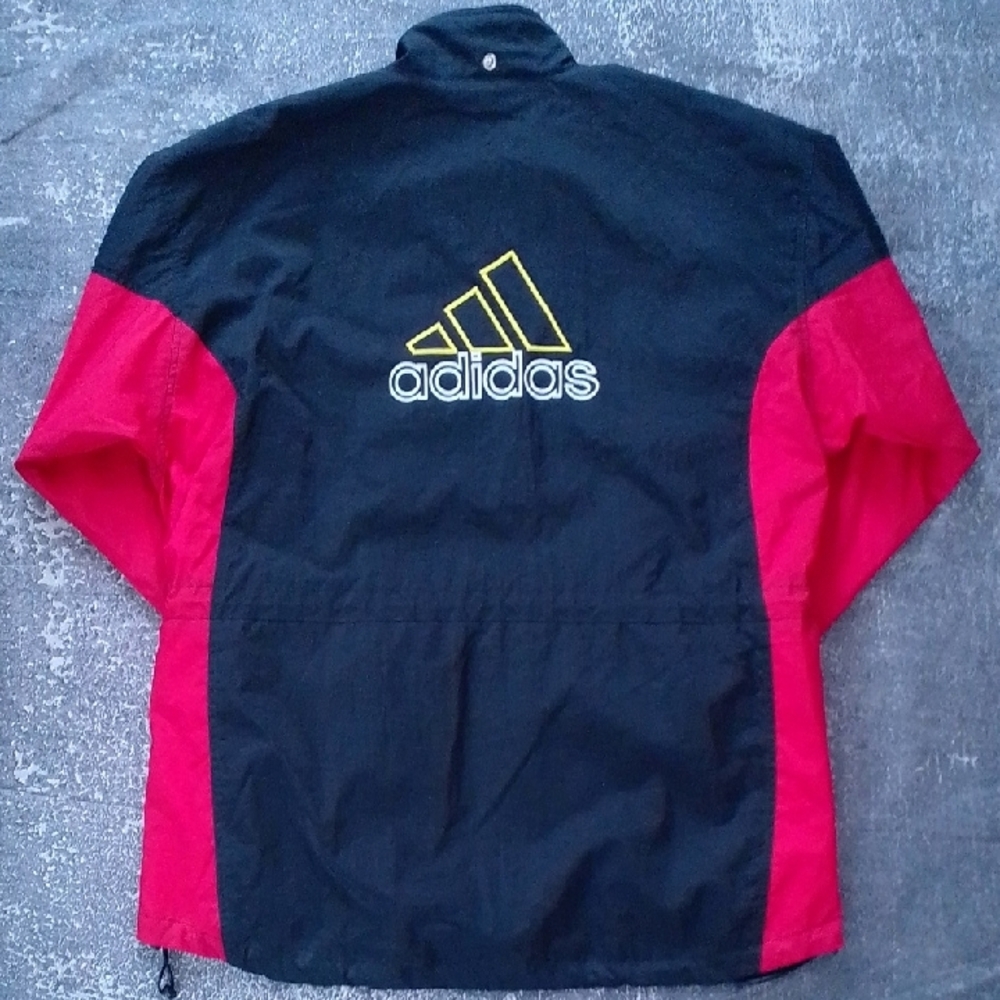 Vintage 90s Adidas Men's Black and Red Windbreaker with Yellow Accents